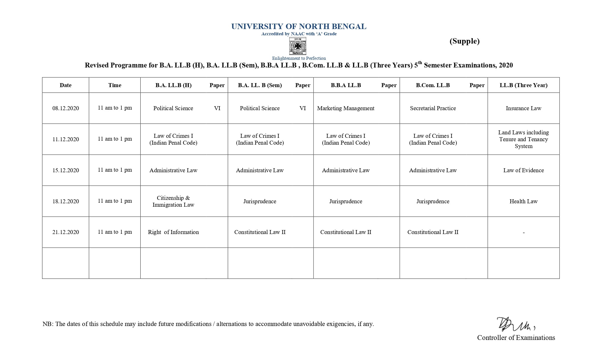 NBU REVISED ROUTINE 03-12-2020 NON-CBCS 5th SEMESTER